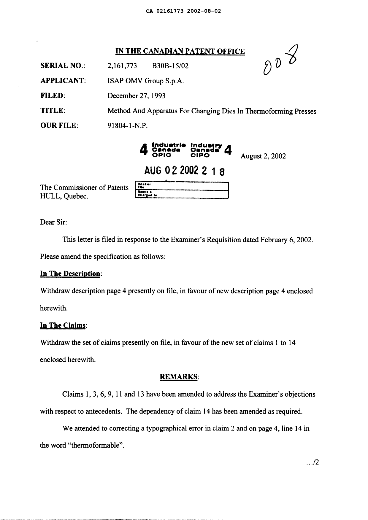 Canadian Patent Document 2161773. Prosecution-Amendment 20020802. Image 1 of 7