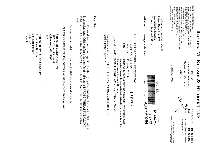 Canadian Patent Document 2162117. Assignment 20120423. Image 1 of 20