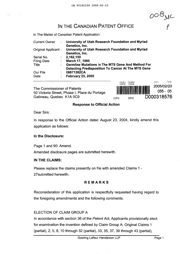 Canadian Patent Document 2162150. Prosecution-Amendment 20041223. Image 1 of 19