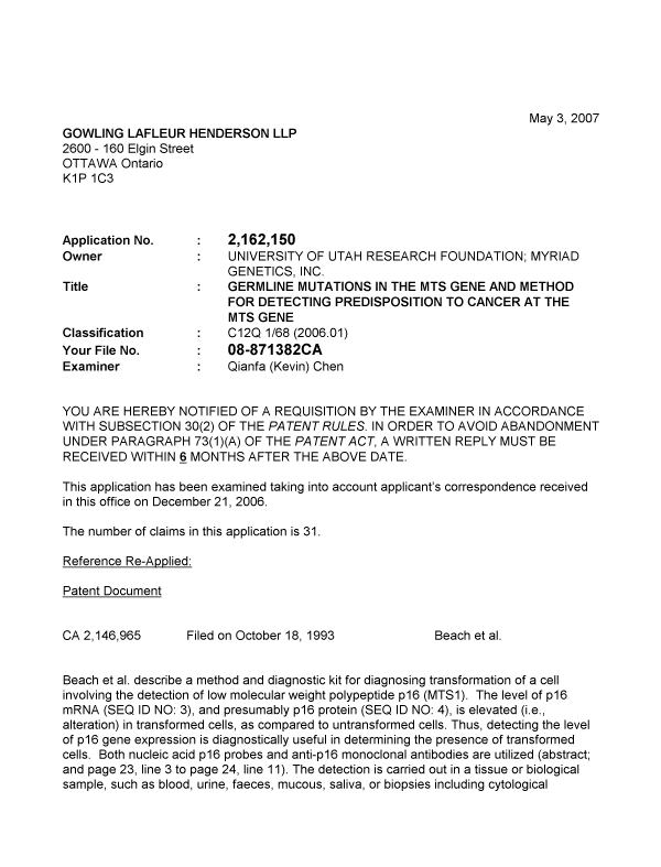 Document de brevet canadien 2162150. Poursuite-Amendment 20070503. Image 1 de 2