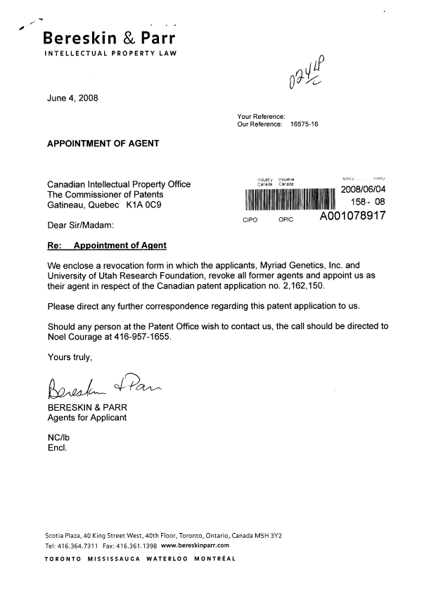 Canadian Patent Document 2162150. Correspondence 20071204. Image 1 of 2