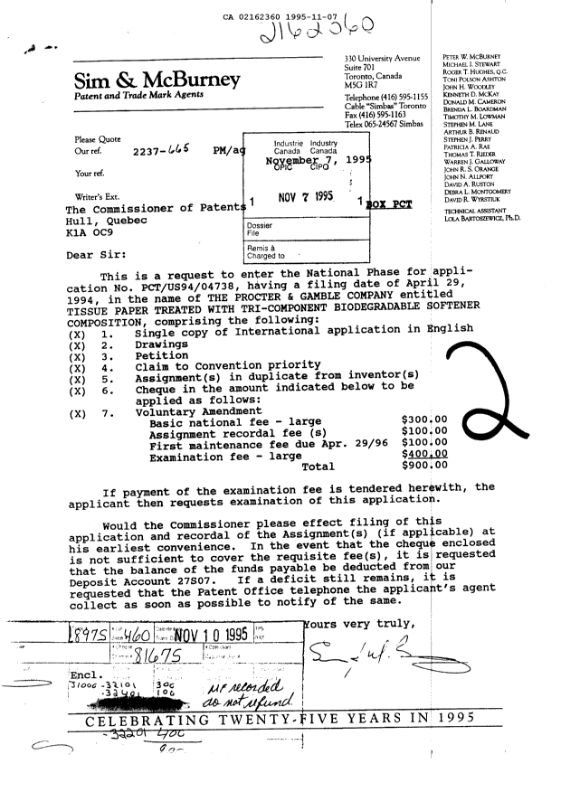 Canadian Patent Document 2162360. Fees 19941207. Image 1 of 1