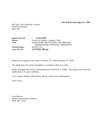 Canadian Patent Document 2162360. Correspondence 19981206. Image 1 of 1