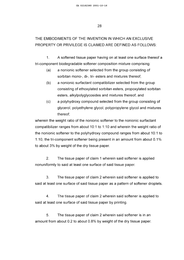 Document de brevet canadien 2162360. Revendications 20011016. Image 1 de 3