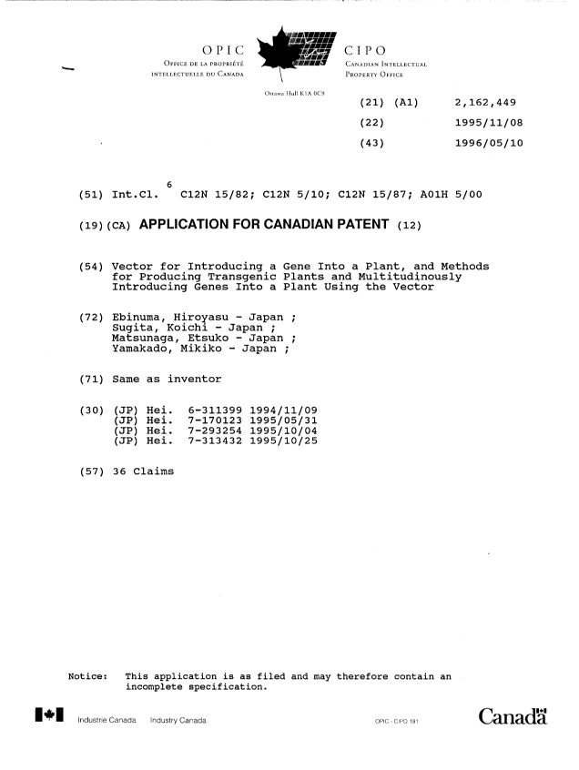 Canadian Patent Document 2162449. Cover Page 19960523. Image 1 of 1