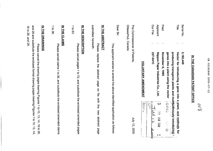 Canadian Patent Document 2162449. Prosecution-Amendment 20000712. Image 1 of 116