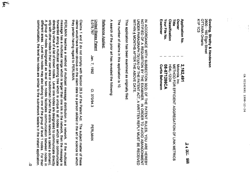 Canadian Patent Document 2162491. Prosecution-Amendment 19981224. Image 1 of 2