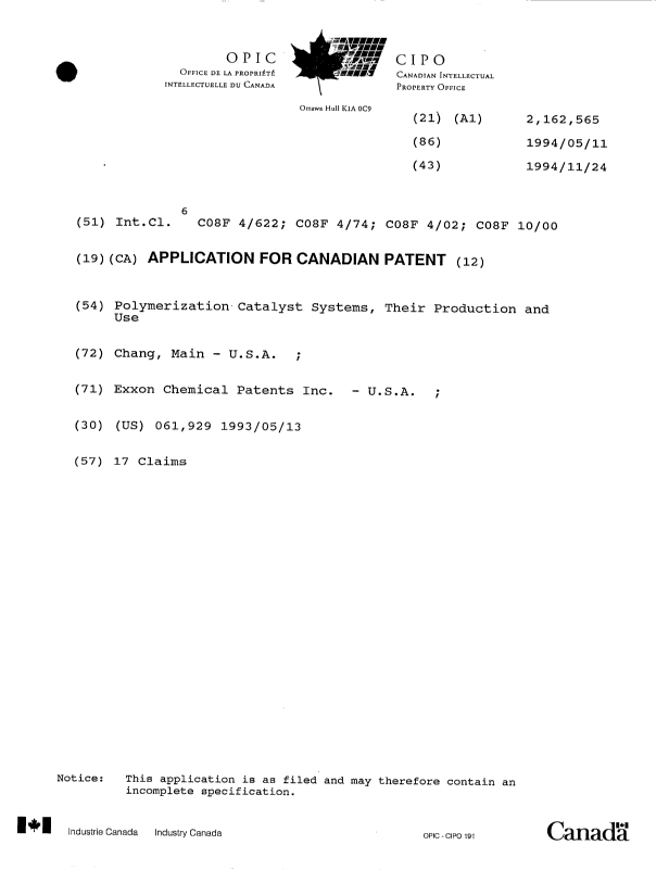 Canadian Patent Document 2162565. Cover Page 19960401. Image 1 of 1