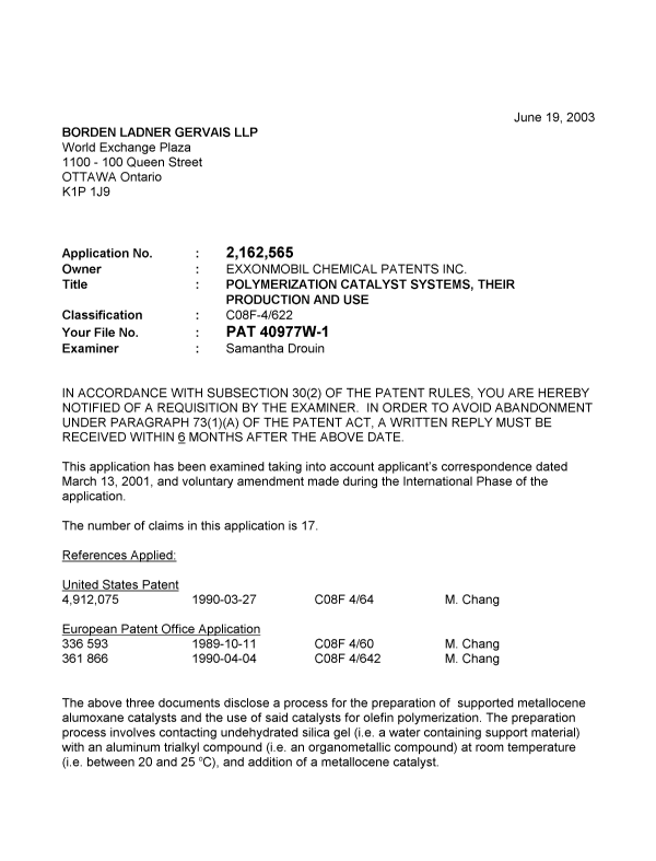 Canadian Patent Document 2162565. Prosecution-Amendment 20030619. Image 1 of 4