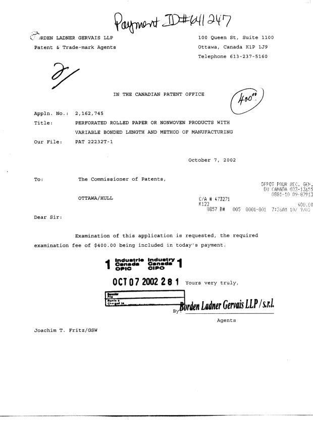 Canadian Patent Document 2162745. Prosecution-Amendment 20021007. Image 1 of 1