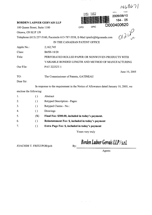 Canadian Patent Document 2162745. Correspondence 20050610. Image 1 of 1