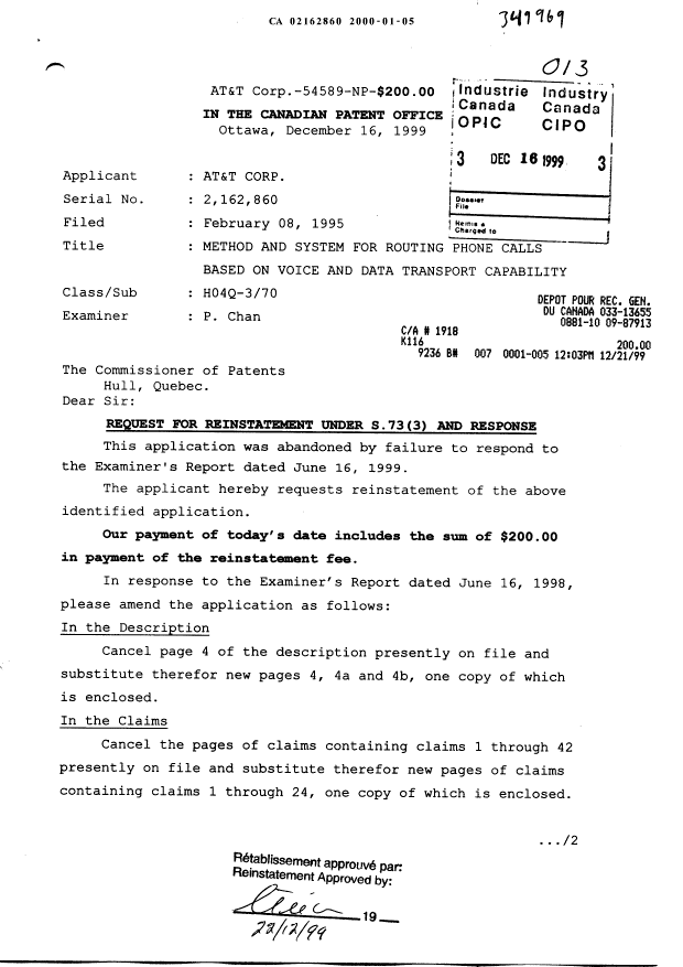Document de brevet canadien 2162860. Correspondance 19991216. Image 1 de 12