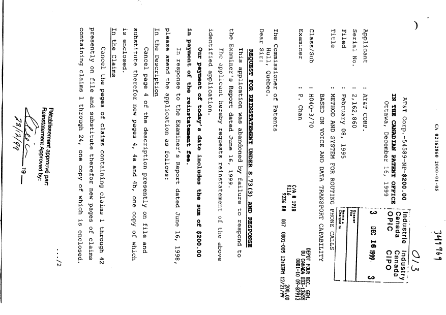 Canadian Patent Document 2162860. Correspondence 19991216. Image 1 of 12