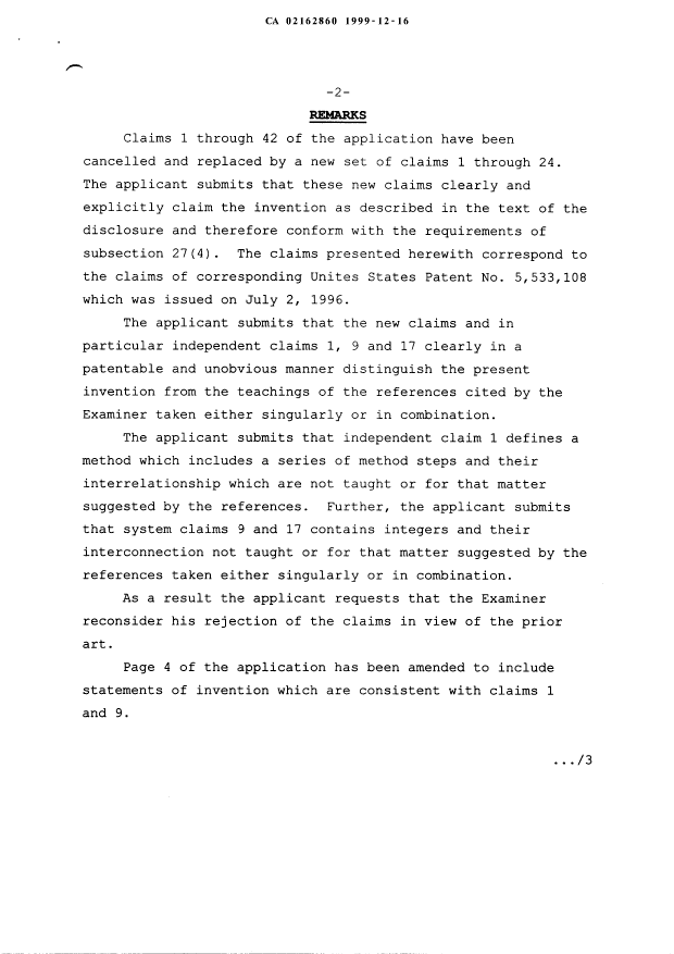 Canadian Patent Document 2162860. Correspondence 19991216. Image 2 of 12