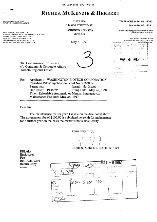 Canadian Patent Document 2163005. Fees 19961206. Image 1 of 1