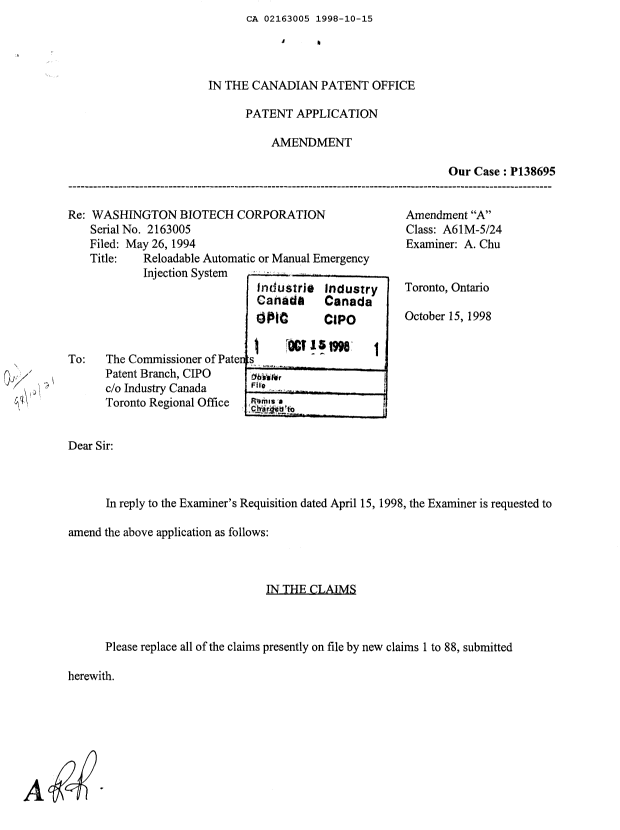 Canadian Patent Document 2163005. Prosecution-Amendment 19971214. Image 1 of 4