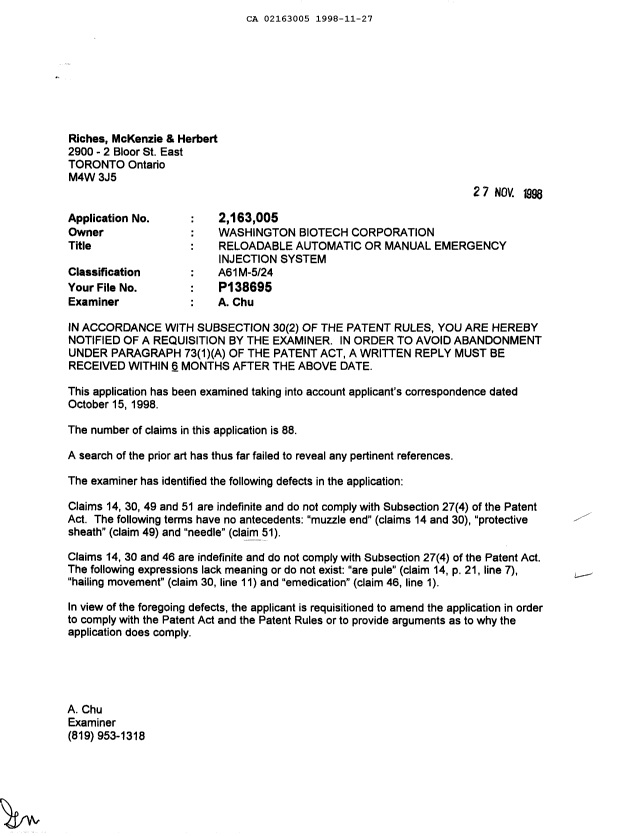 Canadian Patent Document 2163005. Prosecution-Amendment 19971227. Image 1 of 1