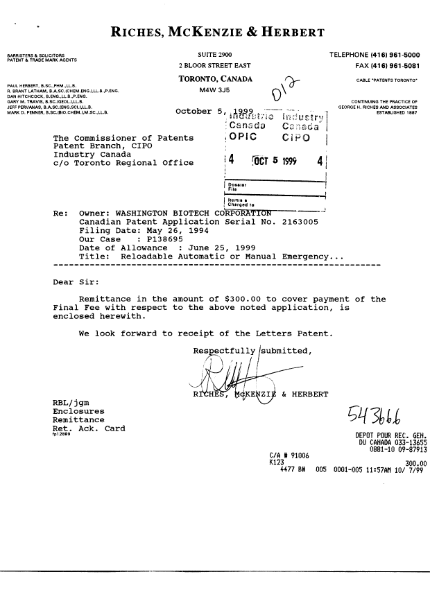 Canadian Patent Document 2163005. Correspondence 19981205. Image 1 of 1