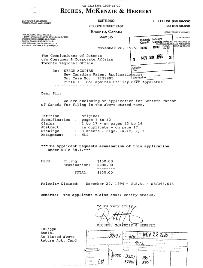 Document de brevet canadien 2163301. Cession 19951120. Image 1 de 2