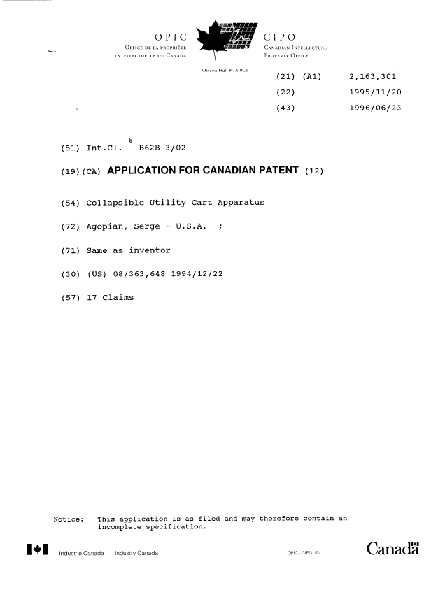 Document de brevet canadien 2163301. Page couverture 19960404. Image 1 de 1