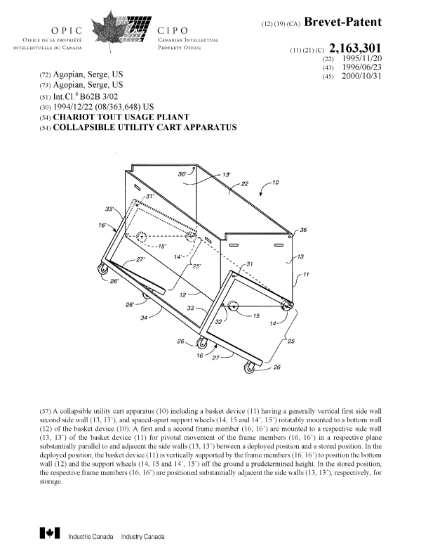 Document de brevet canadien 2163301. Page couverture 20001004. Image 1 de 1