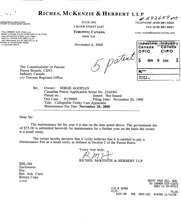 Document de brevet canadien 2163301. Taxes 20001106. Image 1 de 1