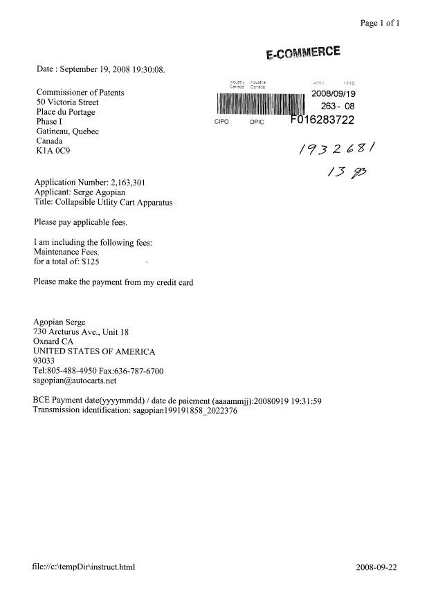 Document de brevet canadien 2163301. Taxes 20080919. Image 1 de 1