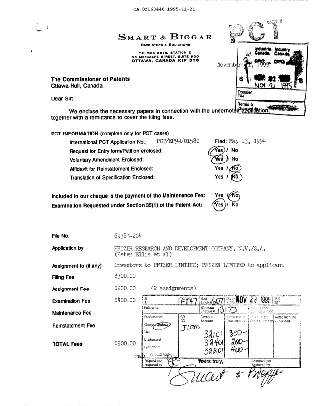 Canadian Patent Document 2163446. Assignment 19941221. Image 1 of 4