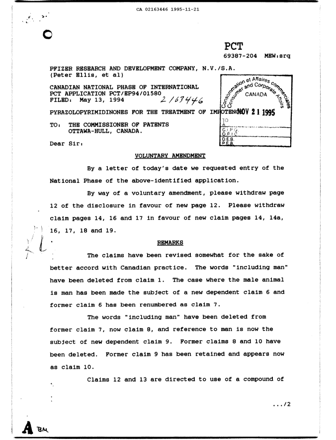 Document de brevet canadien 2163446. Poursuite-Amendment 19941221. Image 1 de 2