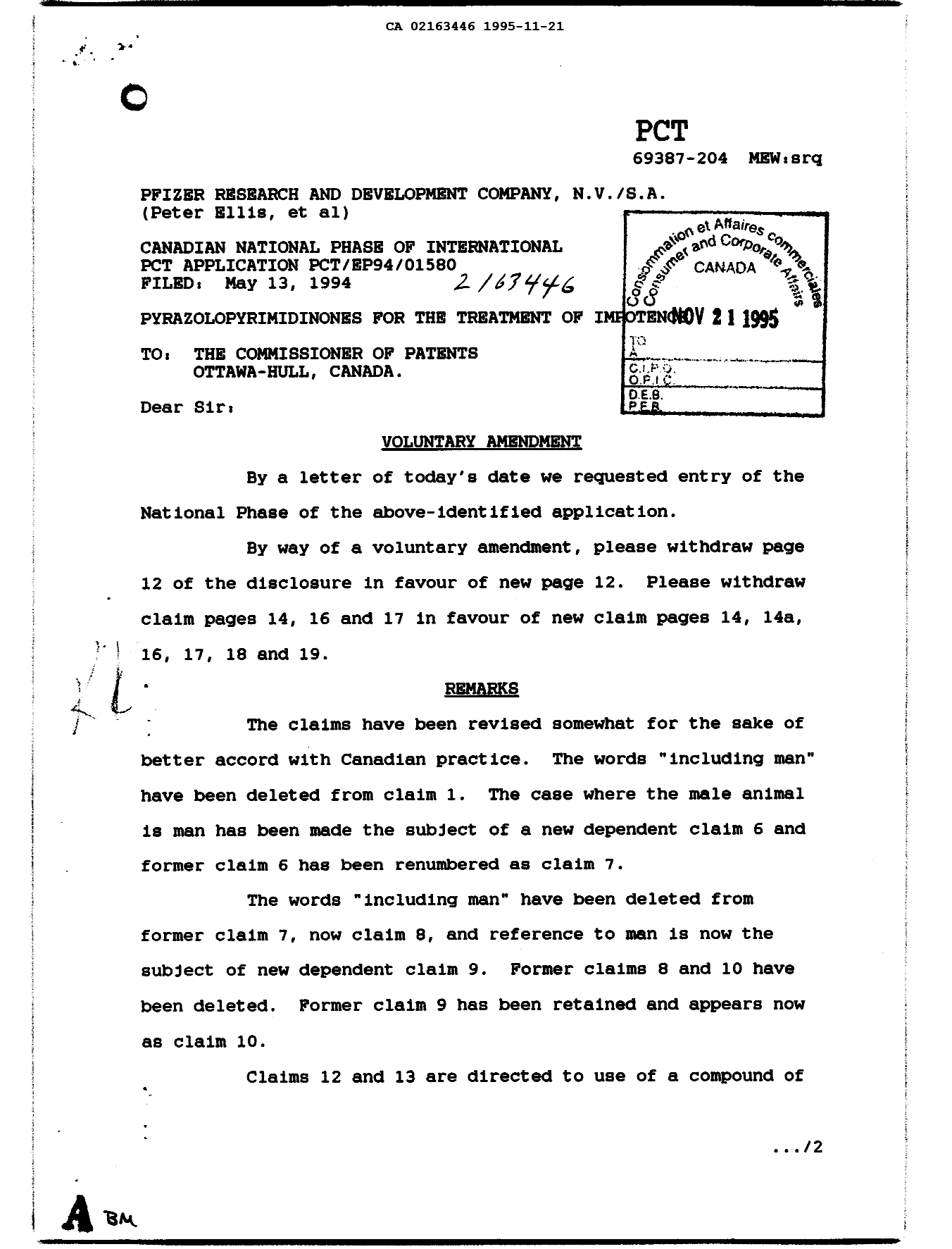 Canadian Patent Document 2163446. Prosecution-Amendment 19941221. Image 1 of 2
