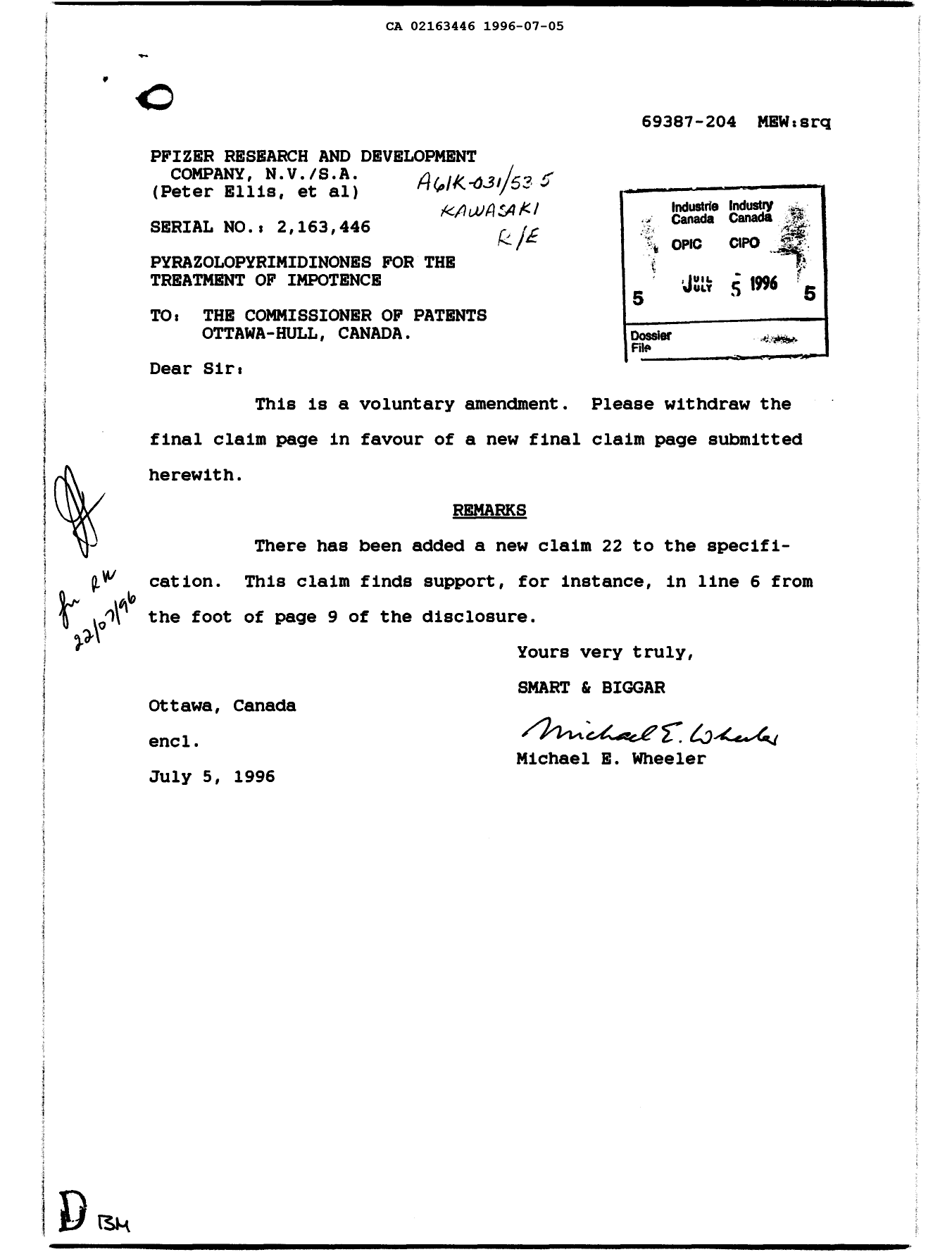 Document de brevet canadien 2163446. Poursuite-Amendment 19951205. Image 1 de 1