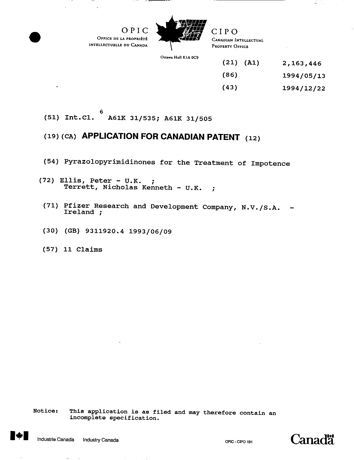 Canadian Patent Document 2163446. Cover Page 19951211. Image 1 of 1
