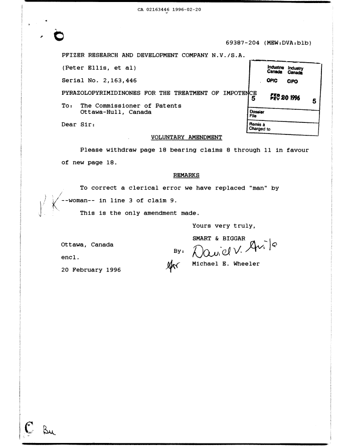 Document de brevet canadien 2163446. Poursuite-Amendment 19951220. Image 1 de 1