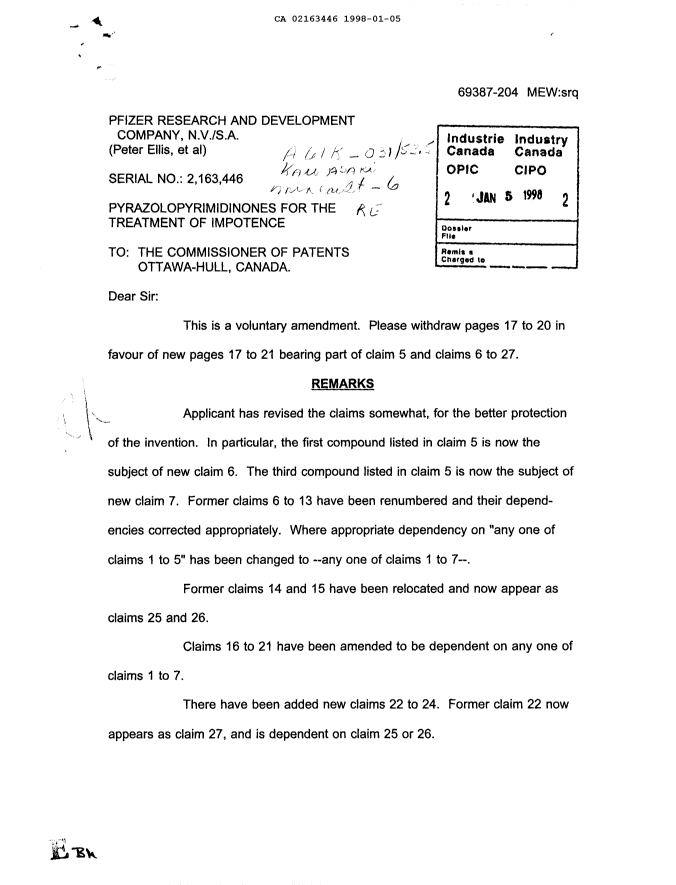 Document de brevet canadien 2163446. Poursuite-Amendment 19971205. Image 1 de 1