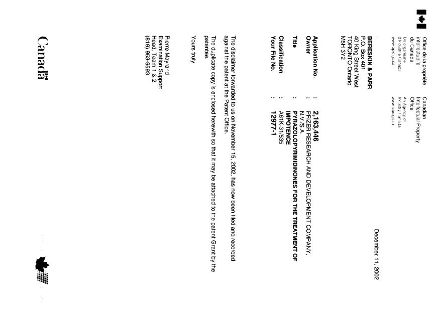 Canadian Patent Document 2163446. Prosecution-Amendment 20011211. Image 1 of 6