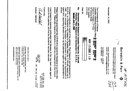 Canadian Patent Document 2163446. Correspondence 20011215. Image 1 of 2