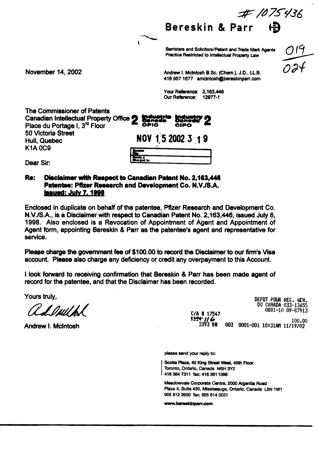 Document de brevet canadien 2163446. Correspondance 20011215. Image 1 de 2