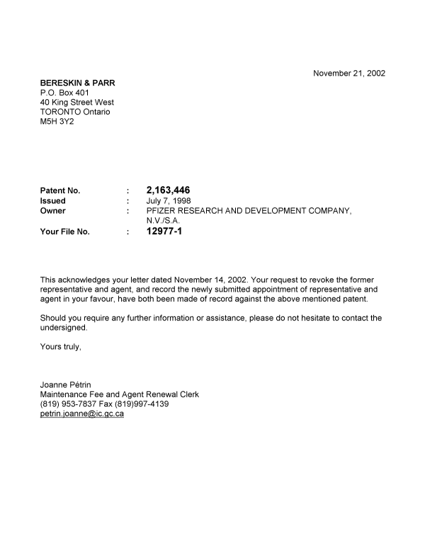 Canadian Patent Document 2163446. Correspondence 20011221. Image 1 of 1