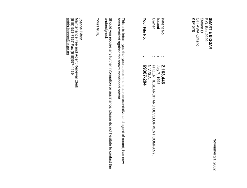 Canadian Patent Document 2163446. Correspondence 20011221. Image 1 of 1