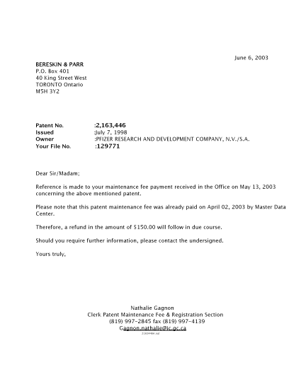 Canadian Patent Document 2163446. Correspondence 20021206. Image 1 of 1