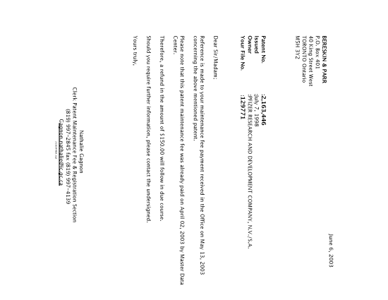 Document de brevet canadien 2163446. Correspondance 20021206. Image 1 de 1
