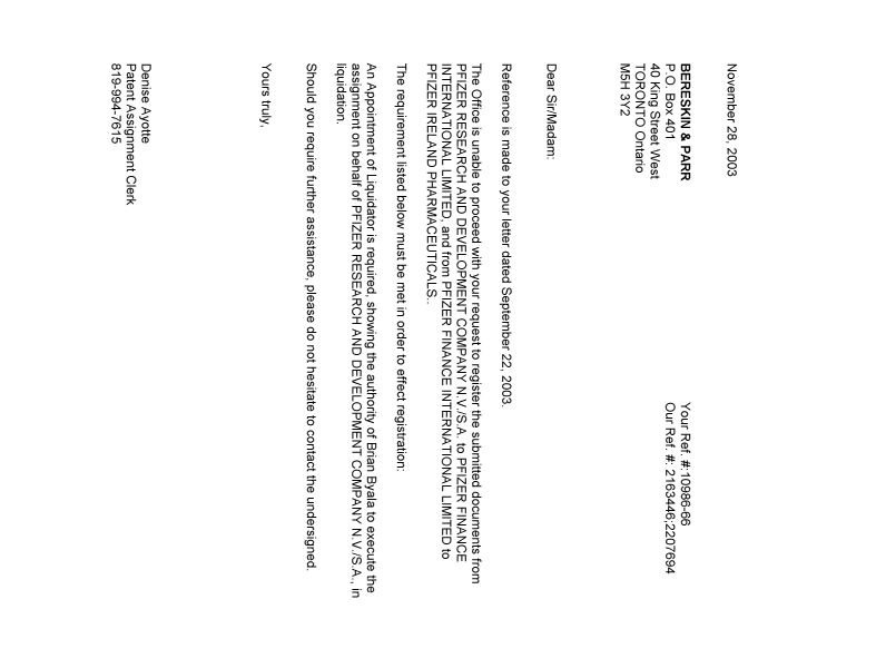 Document de brevet canadien 2163446. Correspondance 20021210. Image 1 de 1