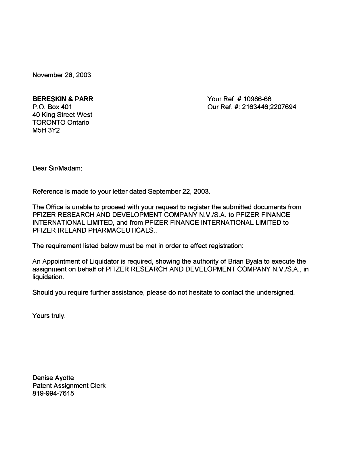 Document de brevet canadien 2163446. Correspondance 20021210. Image 1 de 1