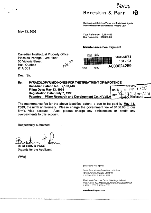 Canadian Patent Document 2163446. Correspondence 20021213. Image 1 of 1
