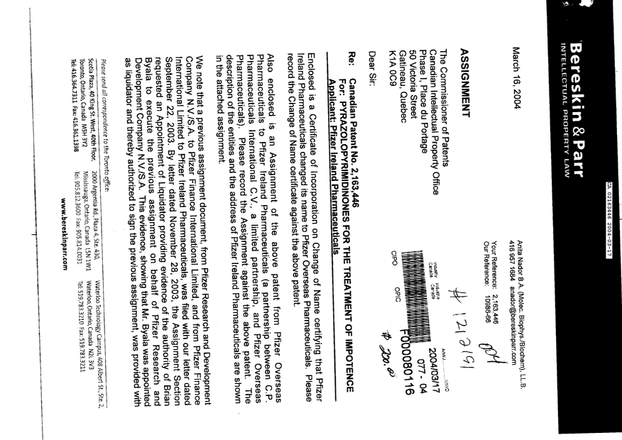 Canadian Patent Document 2163446. Prosecution-Amendment 20031217. Image 1 of 6