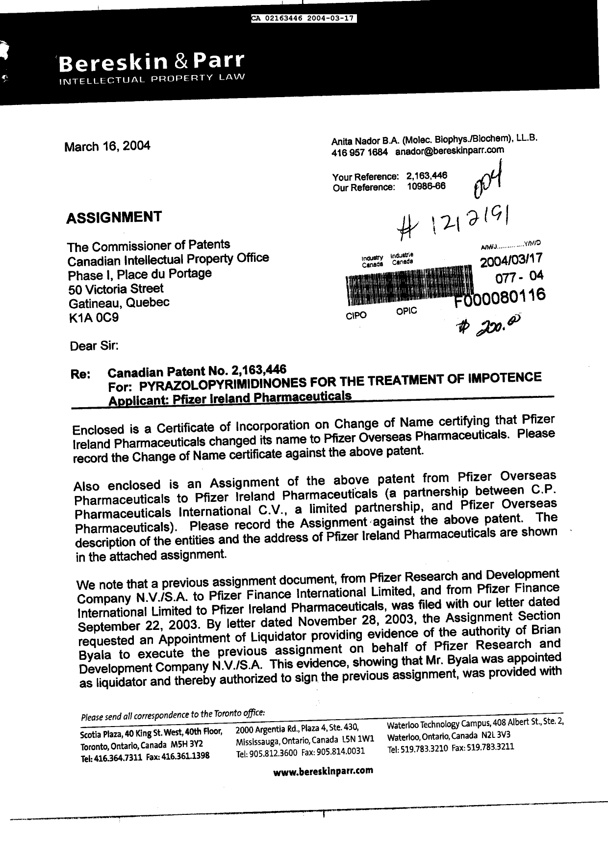 Canadian Patent Document 2163446. Prosecution-Amendment 20031217. Image 1 of 6