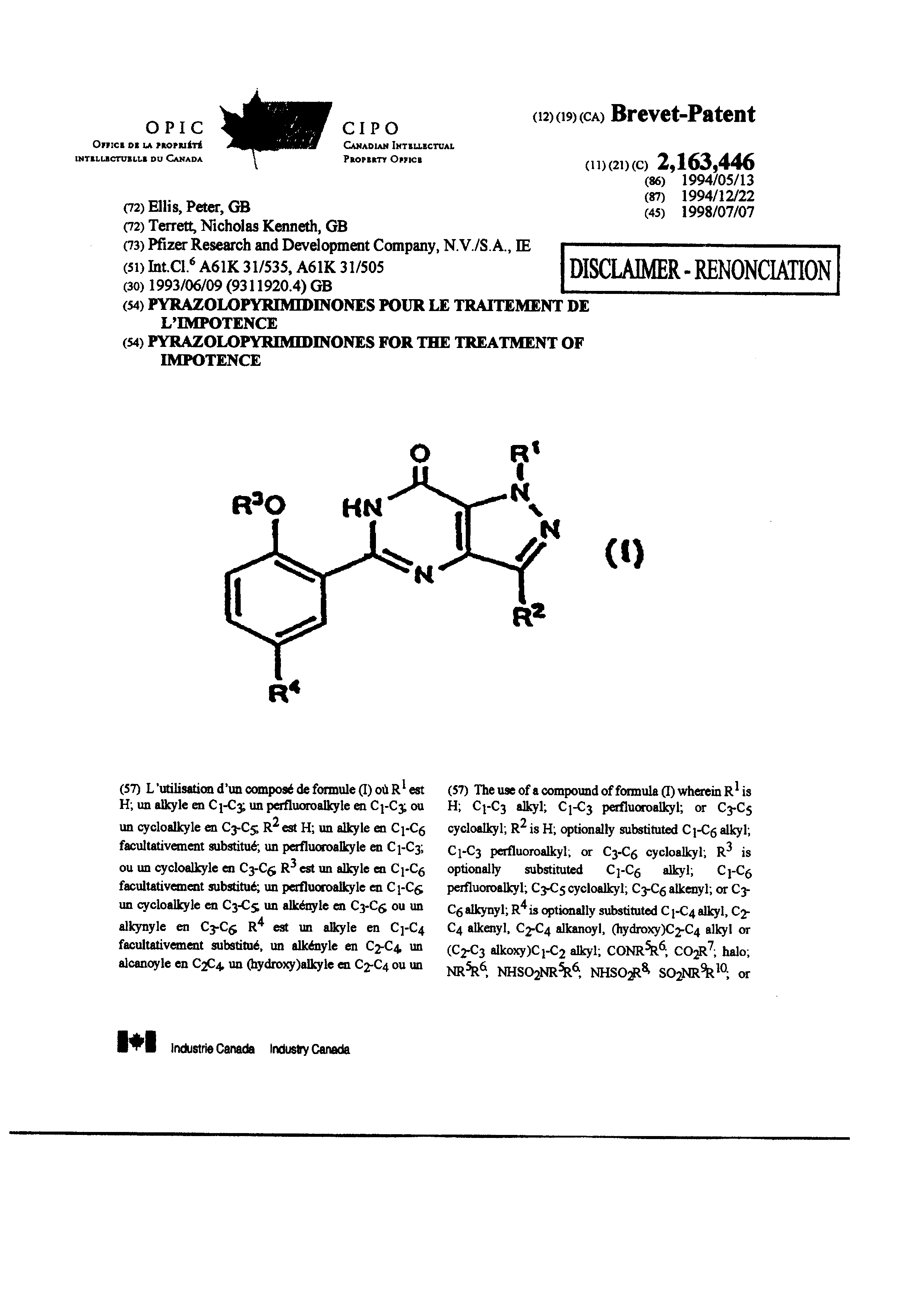 Canadian Patent Document 2163446. Cover Page 20031229. Image 1 of 10