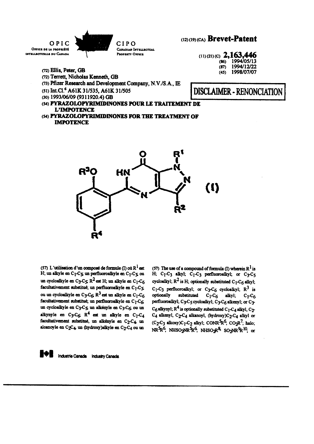 Document de brevet canadien 2163446. Page couverture 20031229. Image 1 de 10