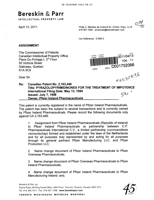 Canadian Patent Document 2163446. Assignment 20101213. Image 1 of 72
