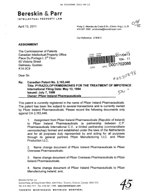 Canadian Patent Document 2163446. Assignment 20110413. Image 1 of 72